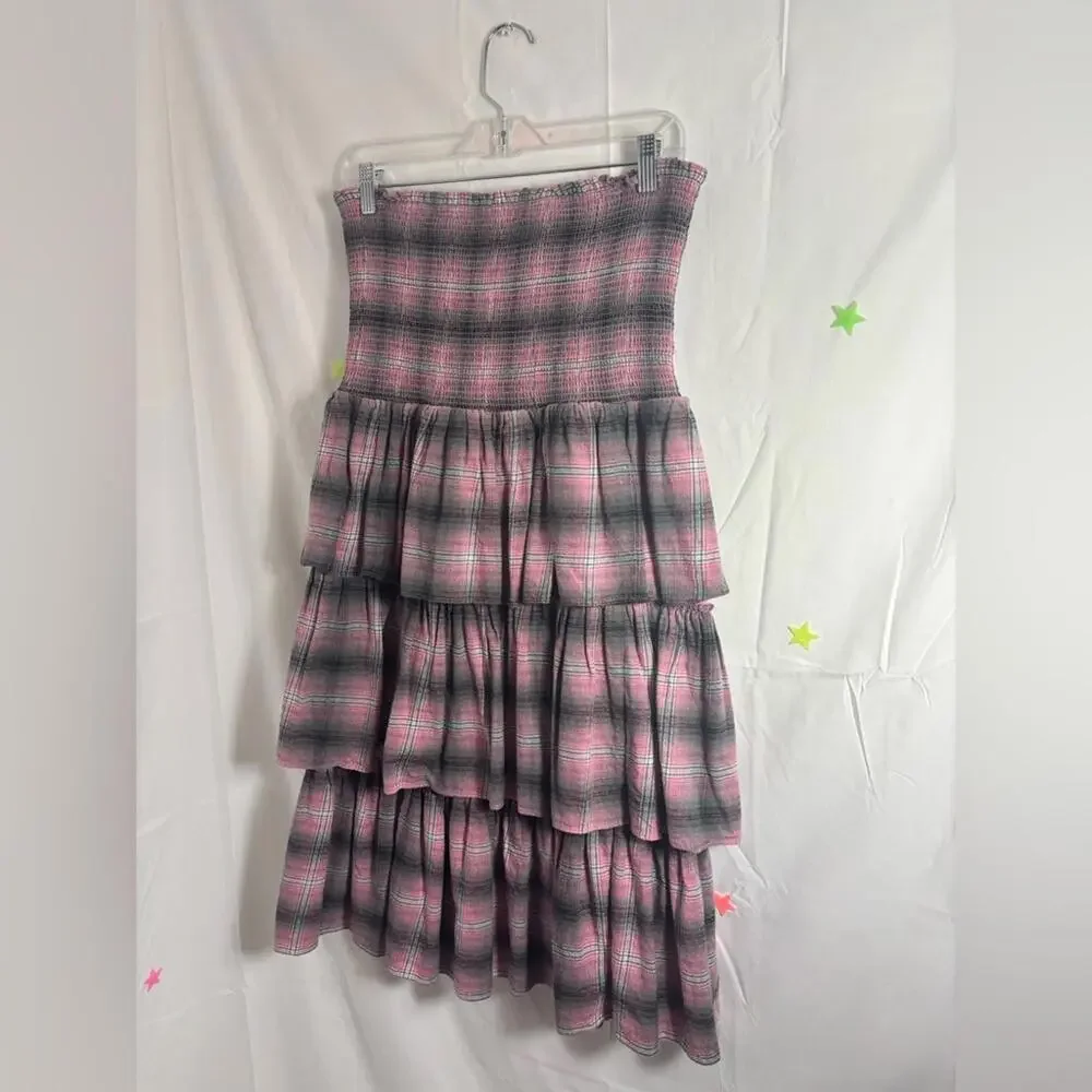 Revolve LIKELY Grey Pink Plaid Ruched Tiered 90’s Babydoll Grunge Midi Skirt M/L